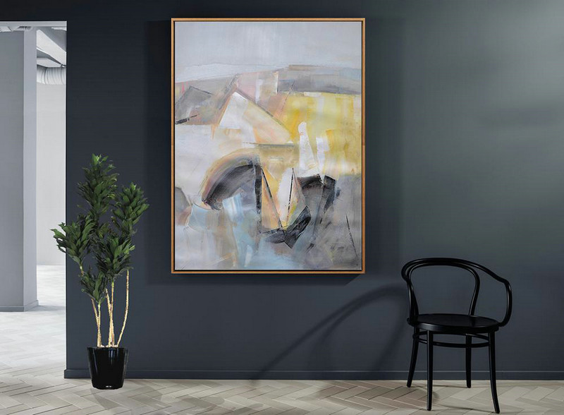 Large Modern Abstract Painting,Vertical Palette Knife Contemporary Art,Large Wall Canvas,Grey,Yellow,Black.etc